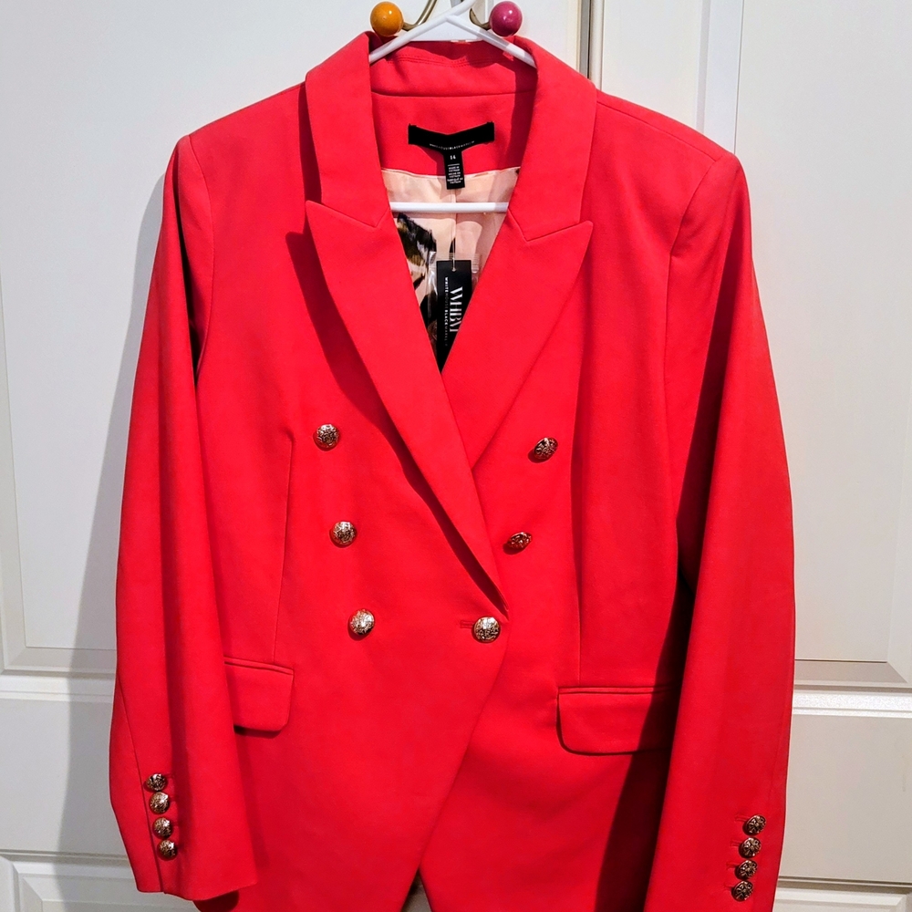 White House Black Market Double-Breasted Coral Blazer with Silver Buttons